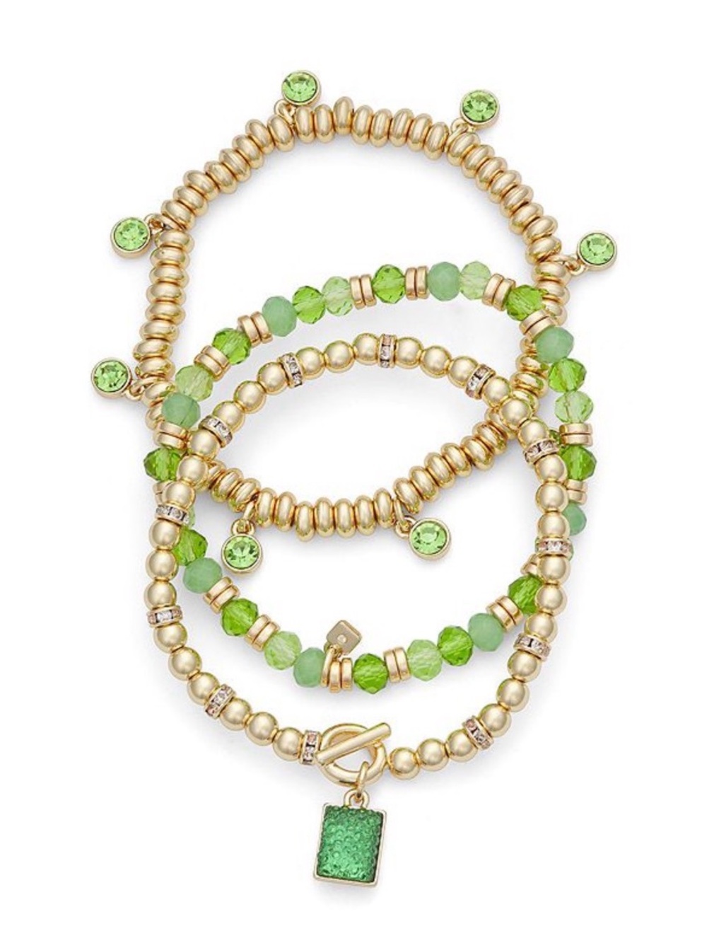 Nine West Green Gold Beaded Stretch Bracelet Set Stackable NWT